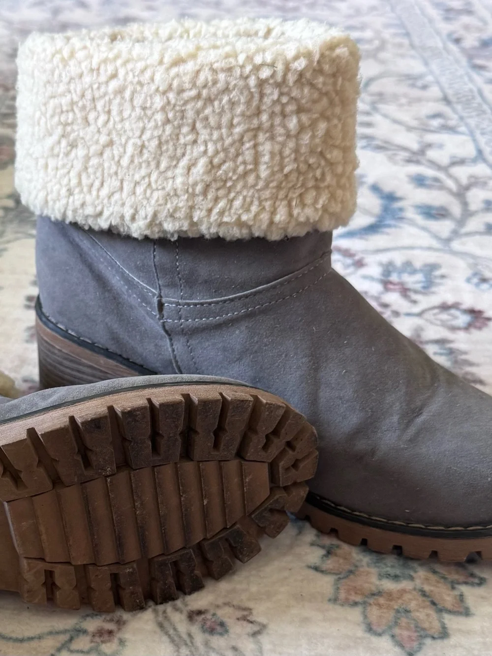 Cozy Fold-Over Ankle Booties in Gray with Cream Sherpa Cuff